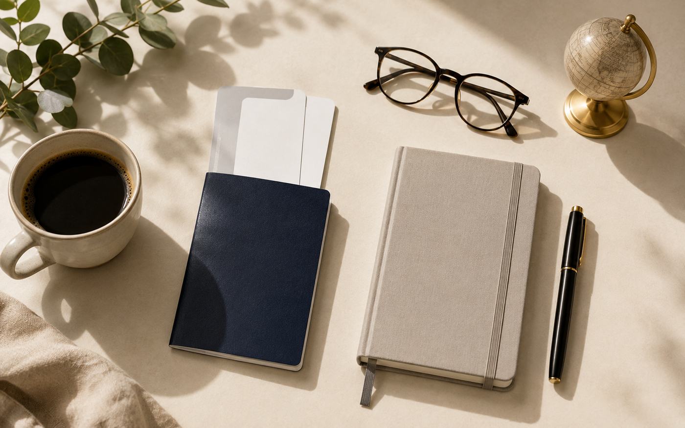 Passport, boarding passes, notebook and coffee laid out — planning the trip that pays for itself