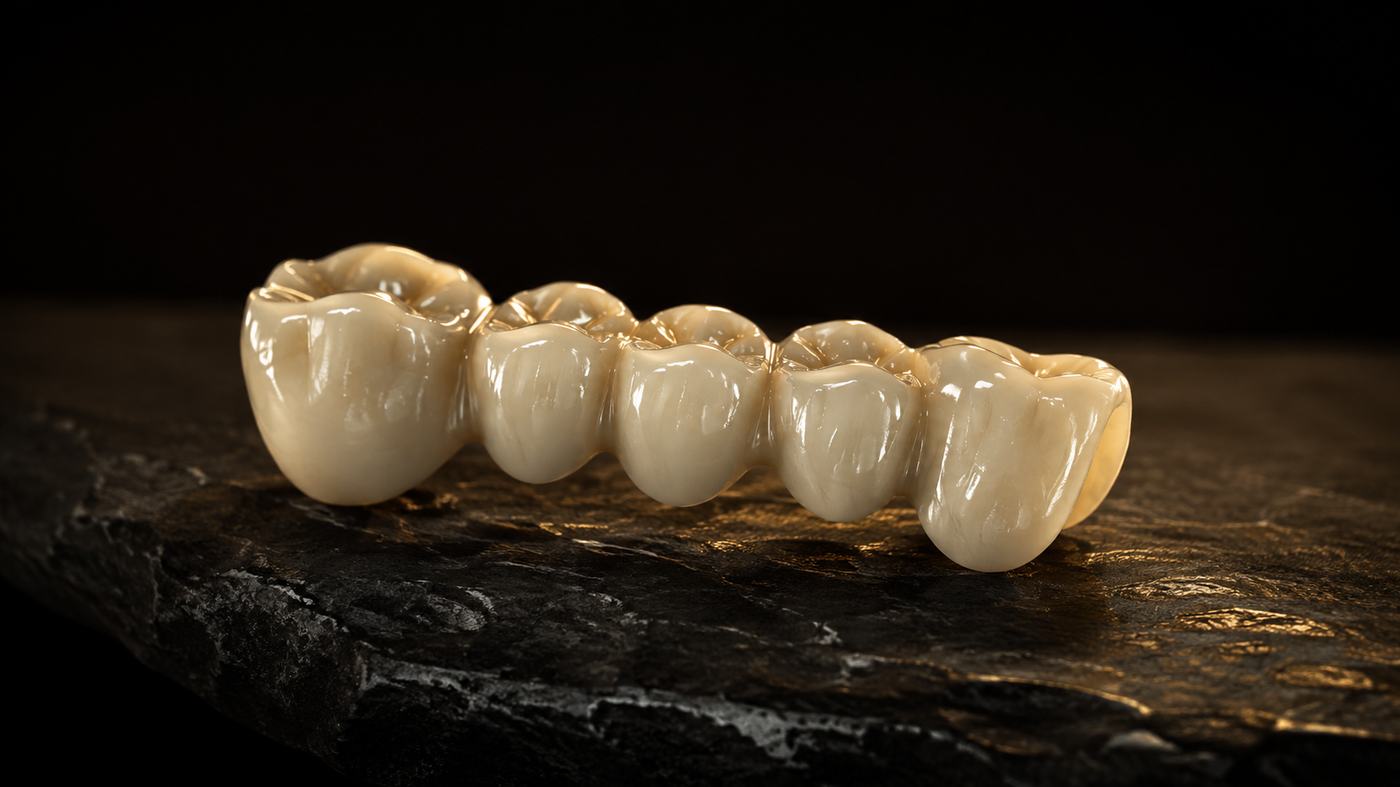 Milled zirconia dental bridge photographed like a luxury object on dark slate
